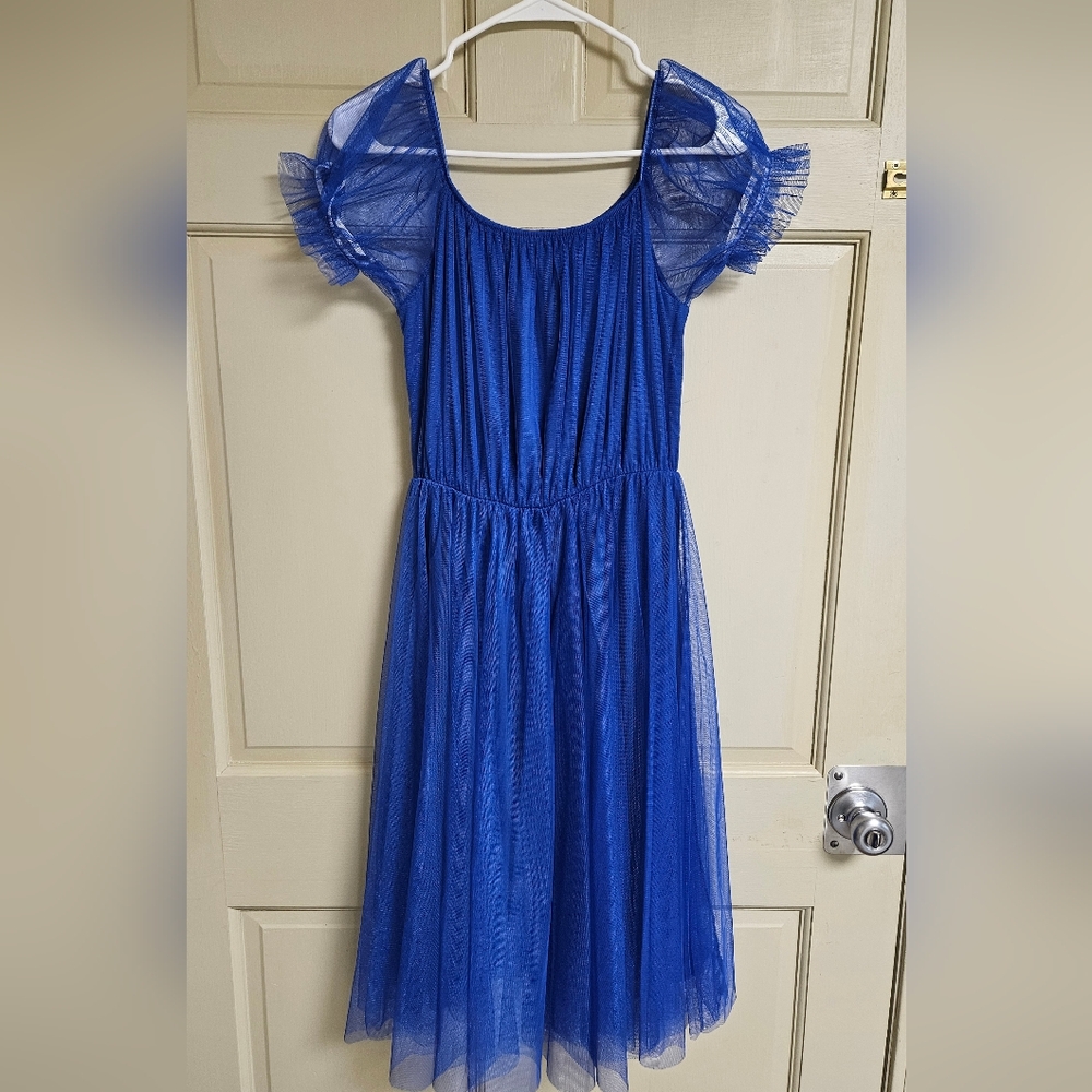 NEW Women's Blue Tulle Dress with Ruffled Sleeves - Size S